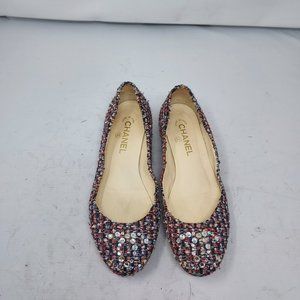 CHANEL Tweed Red Blue CC Crystal Flat Shoe